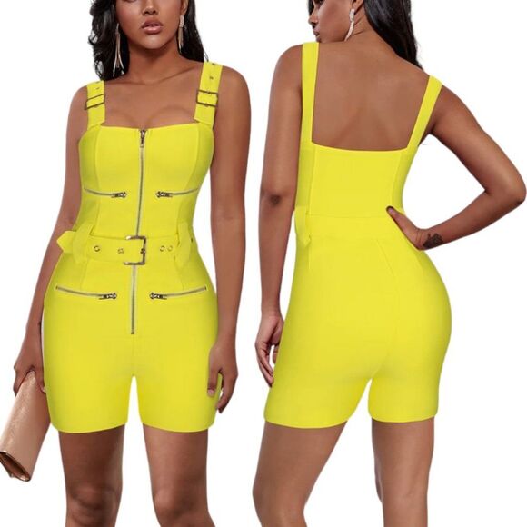 Shop 17 Yellow Bodycon Zip Front Playsuit Bloomer Romper Medium - Picture 1 of 9